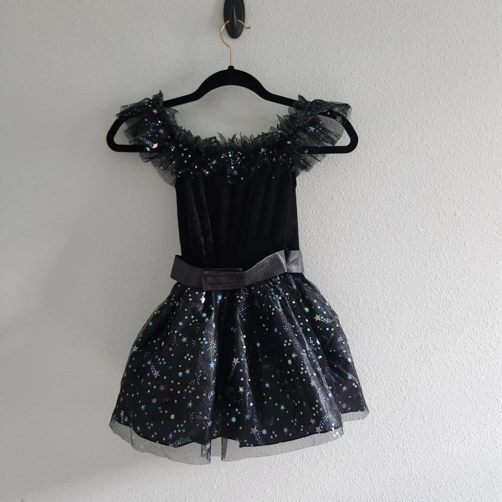 Halloween Kids Small Black‎ Velvet Tulle Celestial Star Witch Costume Dress